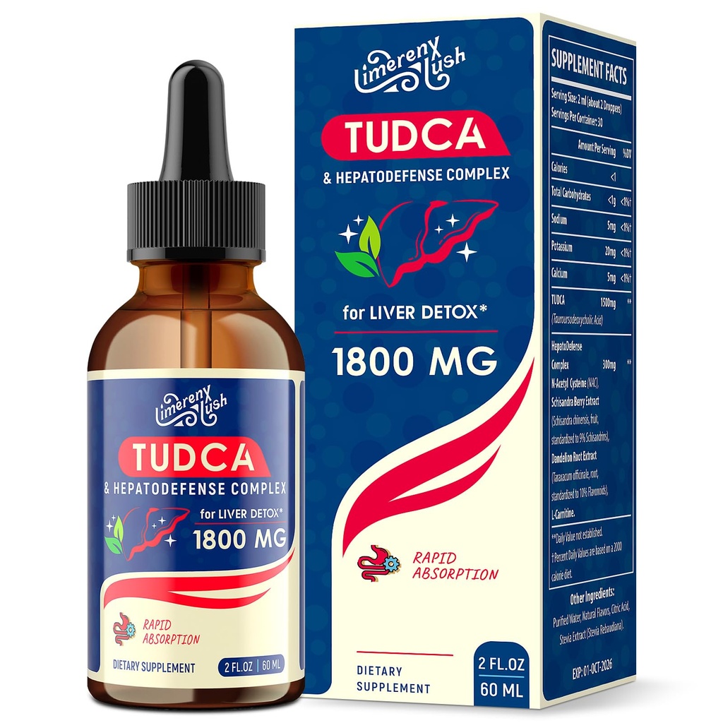 TUDCA gouttes de soutien du foie 1800mg - Supplément de foie puissant avec les sels de bile, NAC, Schisandra et Dandelion, foie Detox & réparation - Absorbage rapide, sans sucre, sans alcool – 2 Fl.Oz