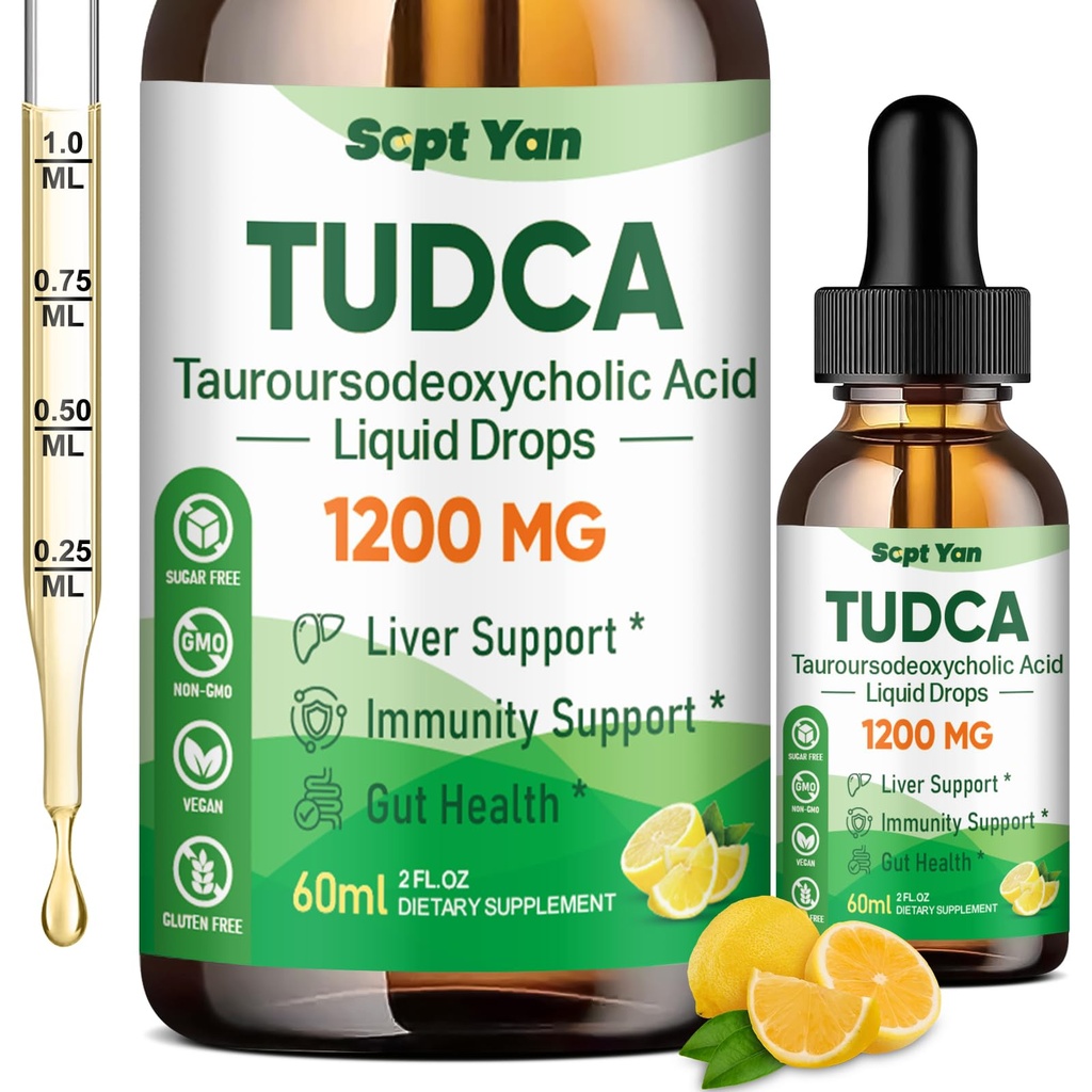 TUDCA-Ergänzung 1200mg Flüssigkeitstropfen, Leberergänzung mit TUDCA, NAC, Milchdistel Seed und Löwenzahn, für Leberunterstützung und Gallenblase Cleanse & Repair, Sugar-Free, Vegan, Lemon Flavor, 2 Fl Oz