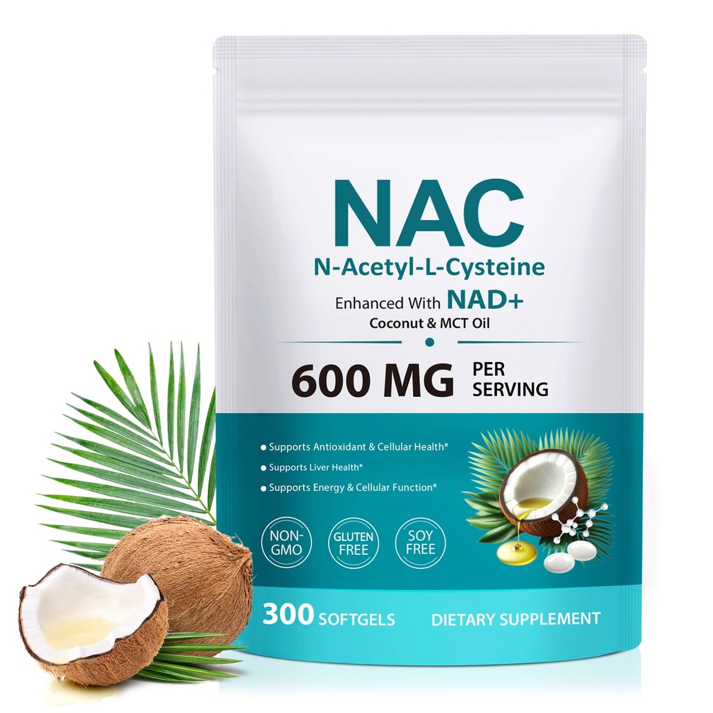 NAC Supplement Softgels, 300 Softgels N-AcetyI-L-Cystein Ergänzung mit Kokosnuss- & MCT-Öl, Antioxidans & Cellular Health Support, Normale Leberfunktion Non-GMO, Glutenfrei
