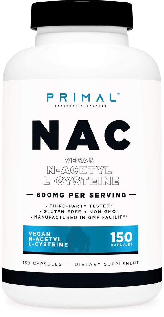 Primal N-Acetyl L-Cystein (NAC) 600mg, 150 Kapseln - Vegan N-Acetyl L-Cystein Supplement, GMO-frei, Glutenfrei