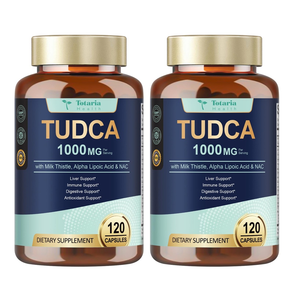 Totaria 2 Packs TUDCA 1000mg Supplément de soutien du foie avec le chardon de lait, NAC, ALA, 80% Silymarin, 15-en-1 Sels Biles Extra Strength