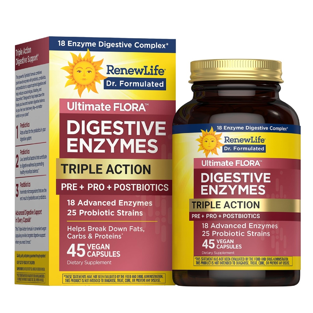 Renew Life Ultimate Flora Verdauungsenzyme mit Probiotika und Präbiotika | Doctor Formulated | 45 Vegan Capsules | Eases Occasional Gas, Bloating & Discomfort | Dairy, Soy und Gluten Kostenlose Ergänzung