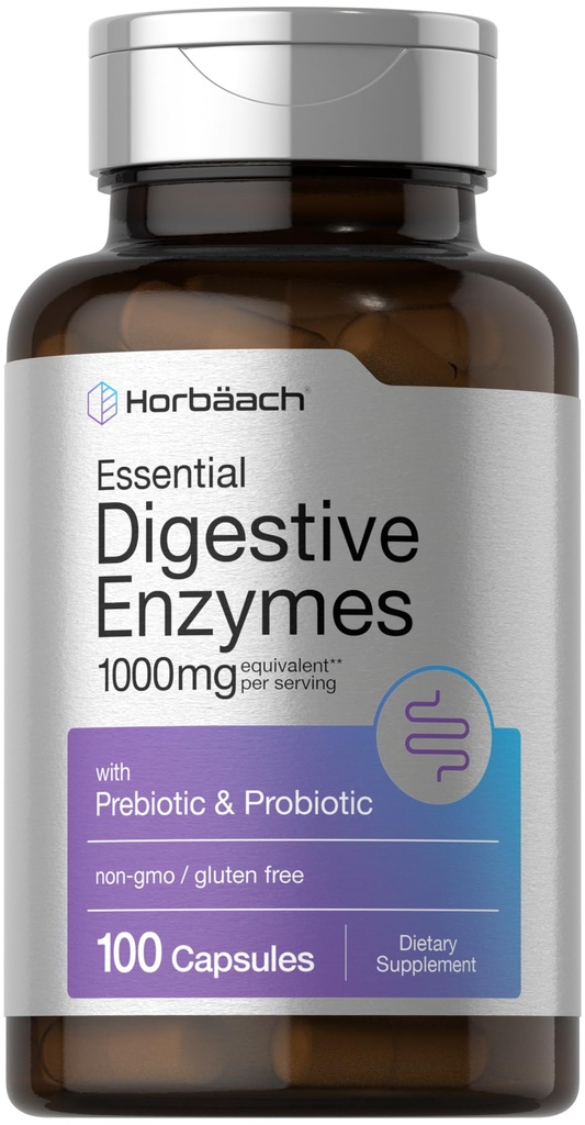 Horbäach Essential Digestive Enzymes | 100 Kapseln | Enzymmischung für Männer & Frauen | Non-GMO & Gluten Kostenlose Ergänzung