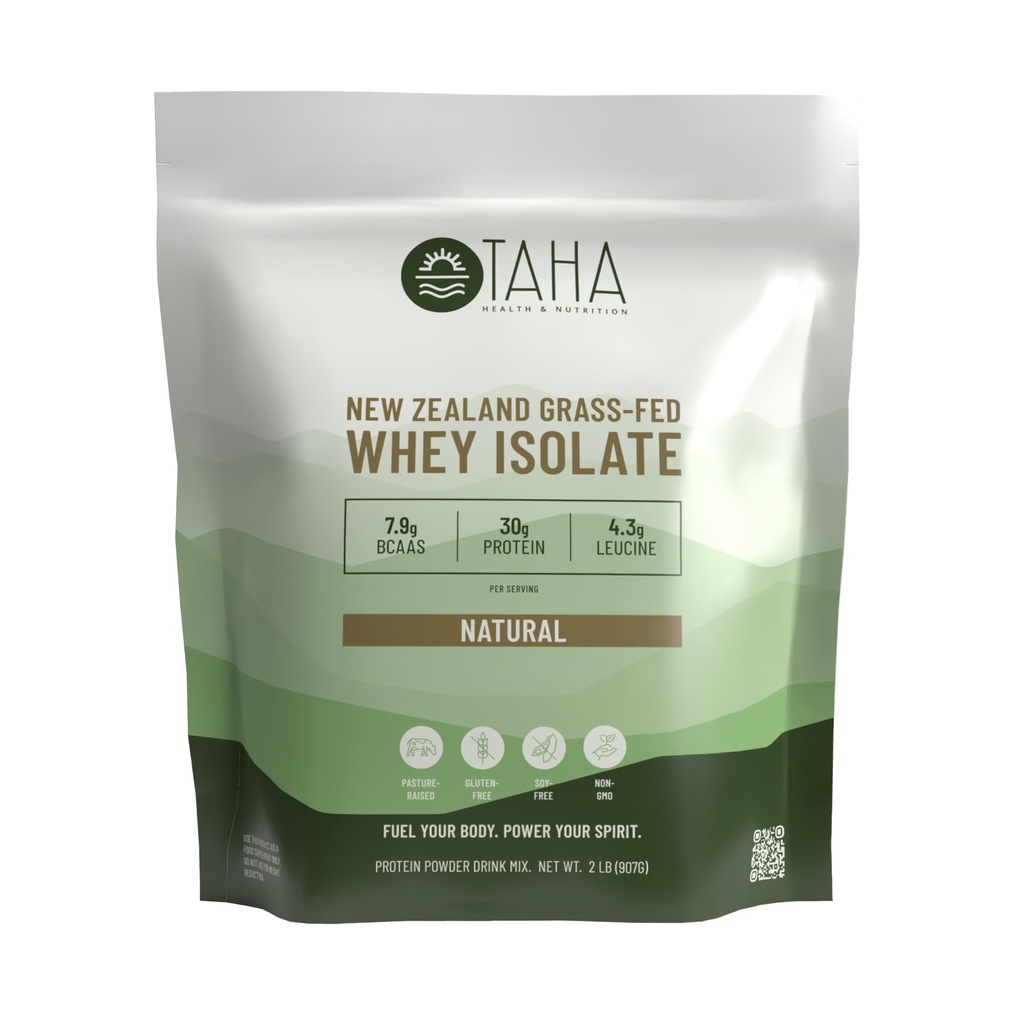 Taha Health & Nutrition Natural Unflavored Whey Protein Isolate, 30g Protein, 7.9g BCAAs, 4.3g Leucine | New Zealand Grass-Fed, Free-Range Dairy | Gluten & Soy Free, Keto, Kosher | 2LB, ~26 Servings