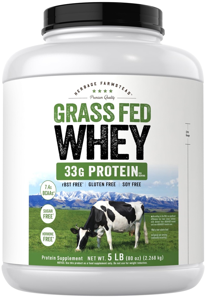 Carlyle Grass Fed Whey Protein Powder | 5lb (80 oz) | 33g of Protein Per Serving | Unflavored | Sugar and Hormone Free | Non-GMO and Gluten Free Supplement | by Herbage Farmstead