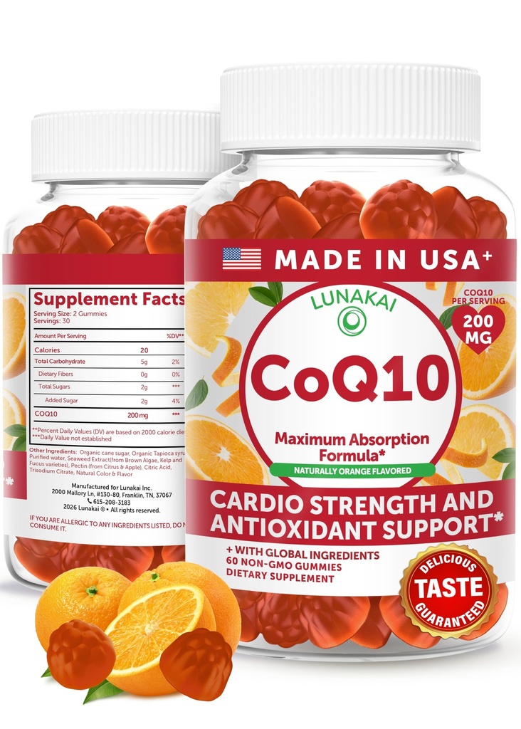 Lunakai USA CoQ10 Gummies pour adultes – 200mg Coenzyme haute puissance Q10 Supplément pour le cœur quotidien, l'énergie et le soutien antioxydant pour les femmes et les hommes, non-OGM, 60ct