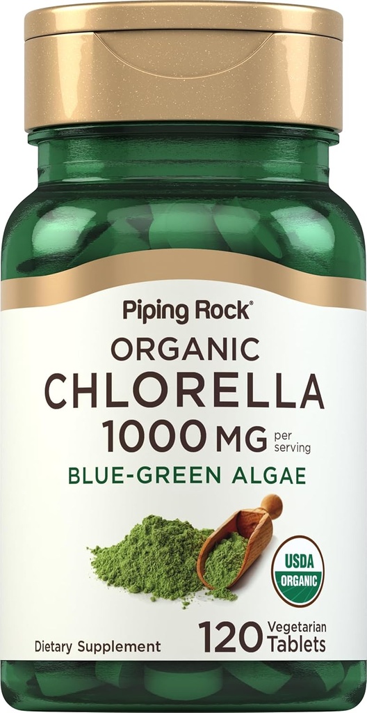 Piping Rock Chlorella de 1000mg de 120 comprimés d'algues bleues et vertes d'un mur de cellules cassé biologique d'un OGM, supplément sans gluten