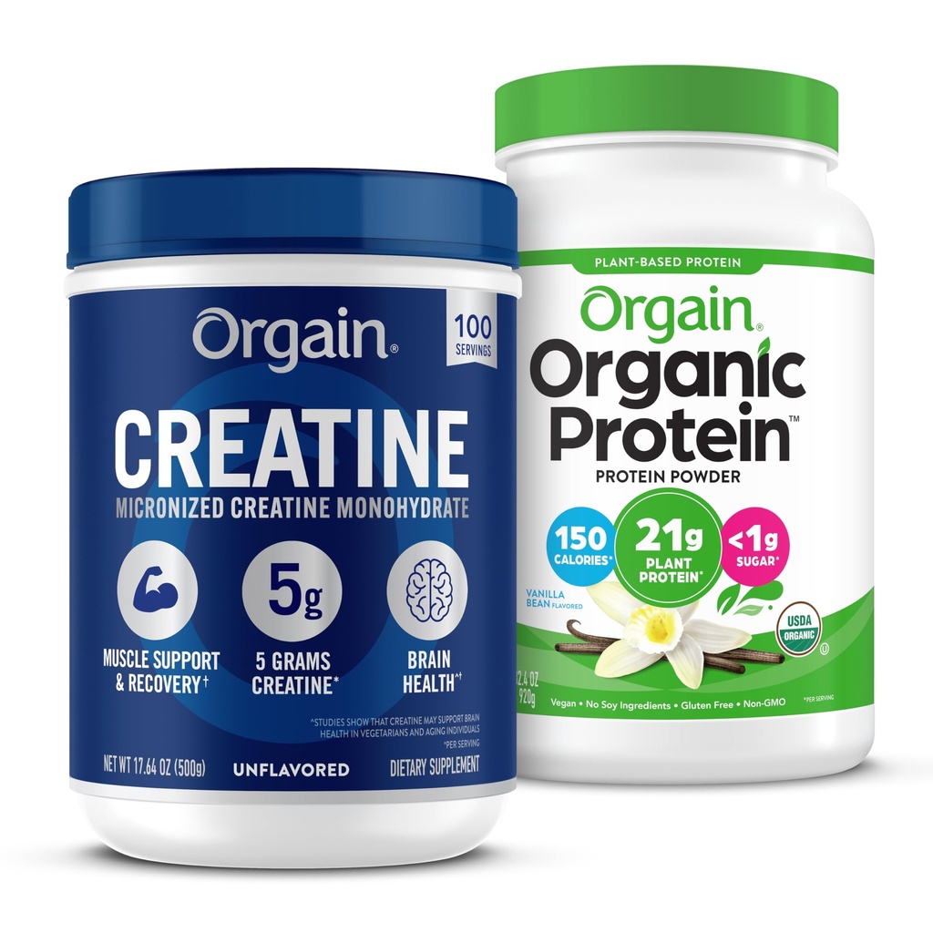 Orgain Creatin Monohydrat Pulver 17.64 Oz (100 Servierungen) & Bio Vegan Vanille Bean Protein Pulver 2.03 lb Bundle - Pflanzenbasierte Protein- und Muskelunterstützung
