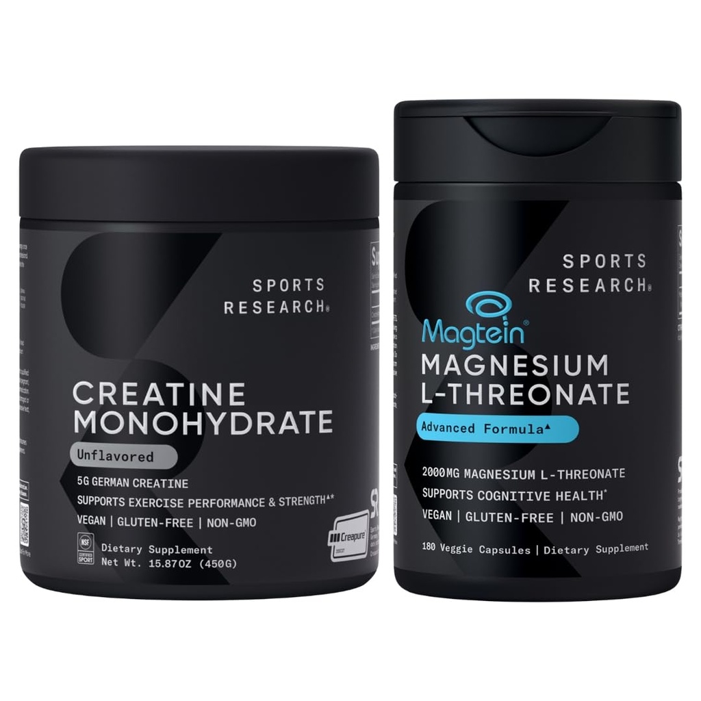 Sports Research® Gym Pro Pack - Creatine Monohydrate Powder w/Creapure Gain Lean Muscle, Improve Performance, Support Workout Recovery + Magnesium L-Threonate Capsules 2000mg - High-Absorption Magtein