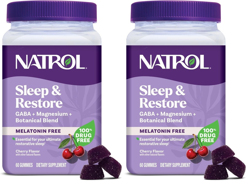 Natrol Sleep & Restore Magnésium Glycinate Blend Gummies,Magnésium pour les aides au sommeil pour les adultes, Sans mélatonine, Saveur de cerise, 30 jours d'approvisionnement, (paquet de 2)