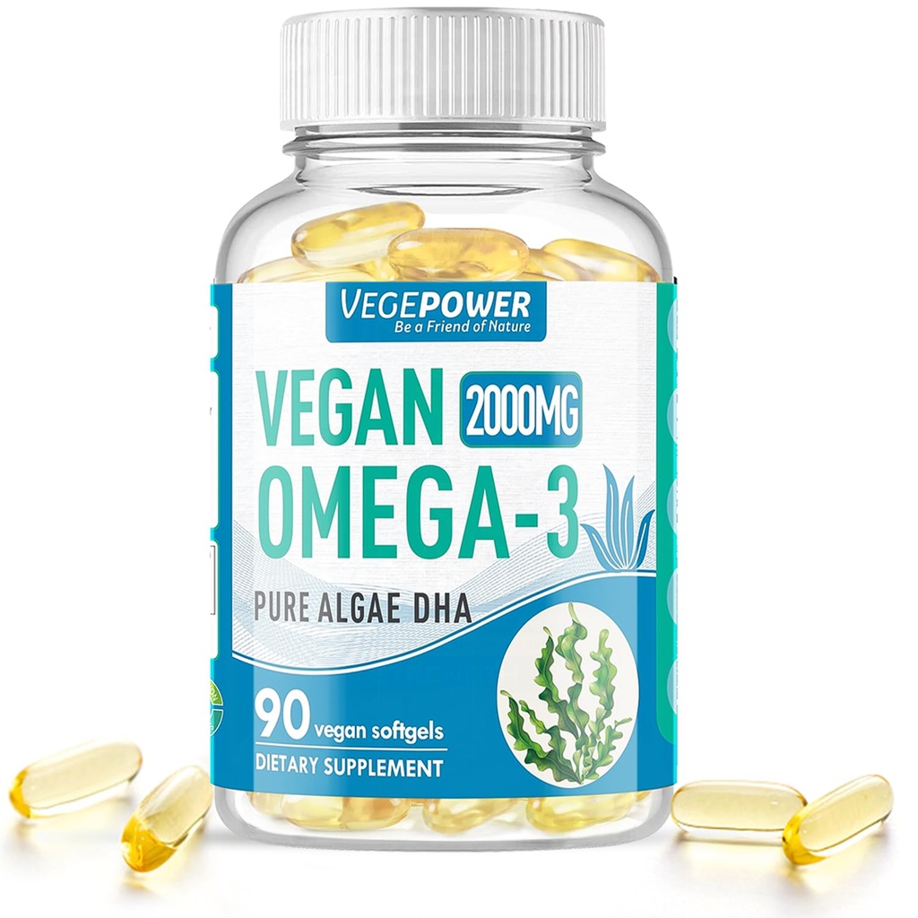 Vegan Omega-3 Algae DHA-Ergänzungen - 2000mg Algae Öl, Pflanzenbasiert Prenatal Algal DHA, 90 Carrageenan Free Softgels -Sustainable Fish Oil Alternative unterstützt Gehirn, Herz, Augen, Gemeinsame Gesundheit