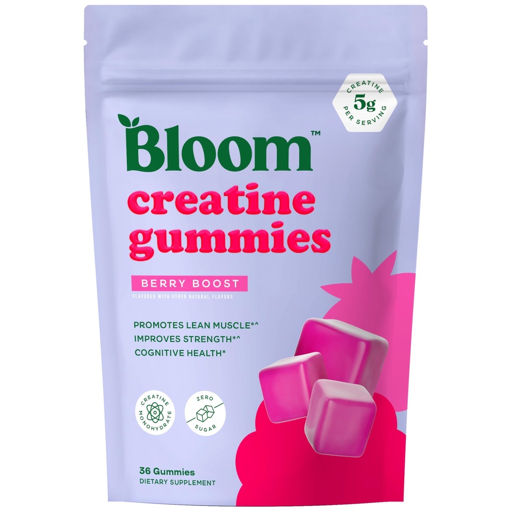 Bloom Creatine Monohydrate Gummie, 5g pro Servierung, Sugar Free Creatine Gummy für Workout, Stärke, kognitive Gesundheit & Lean Muskelunterstützung, Gluten Free & Non GMO, Berry Boost, 36 Gummies, 12 SVG