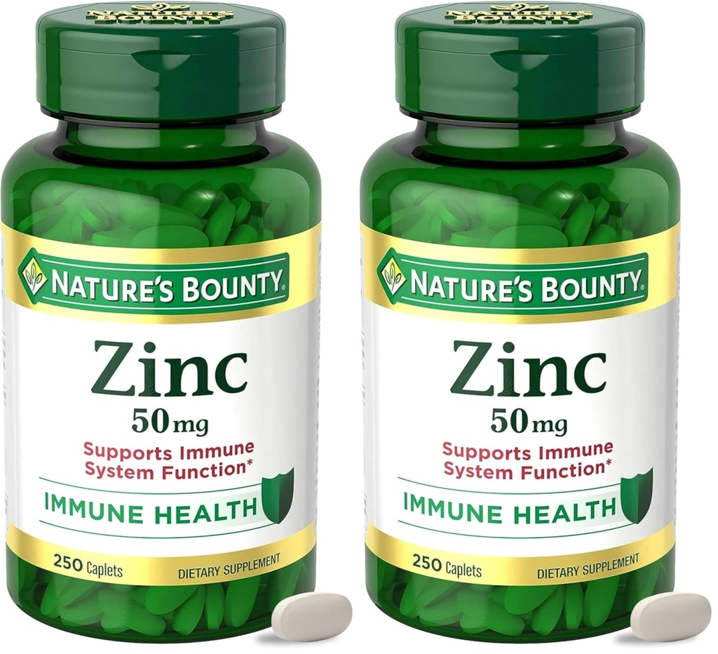 Nature’s Bounty Zinc 50mg,Immune Unterstützung & Antioxidante Ergänzung,Promotes Hautgesundheit,1 Caplet pro Tag, Glutenfrei,250 Vegetarische Caplets,(Pack von 2)