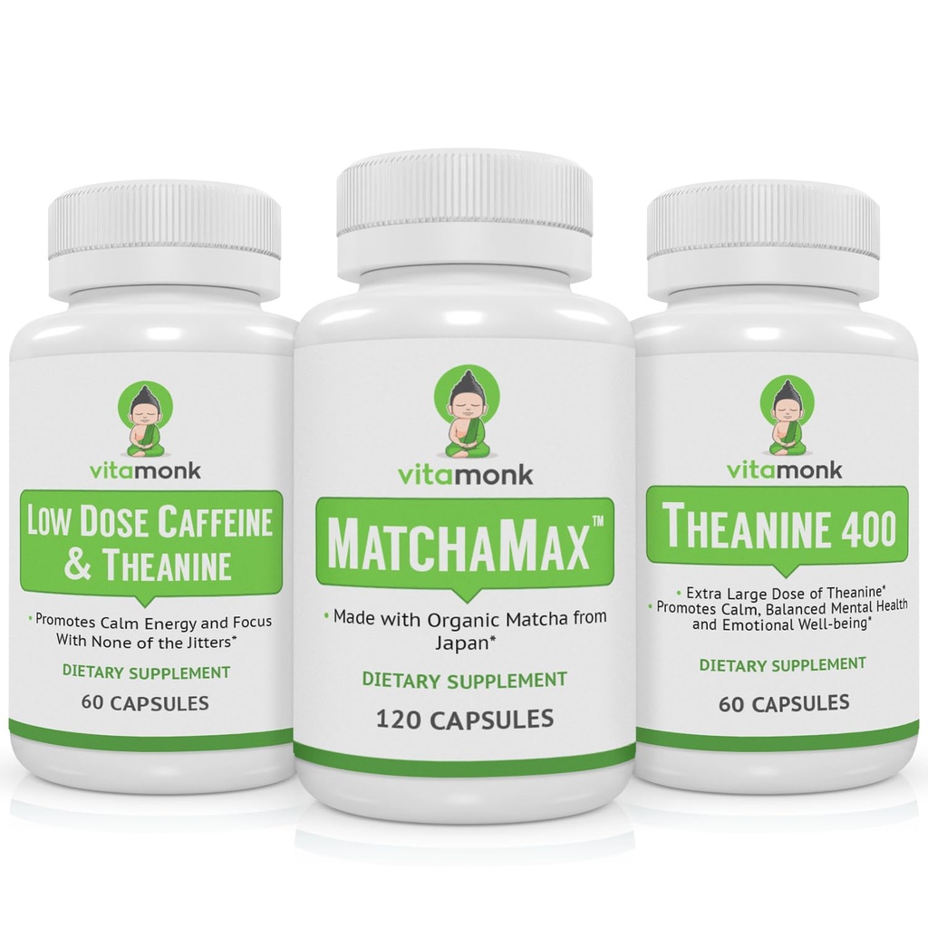 VitaMonk Matcha, Low Dose Caffeine and Theanine Bundle - Calm, Focused Energy Without The Jitters