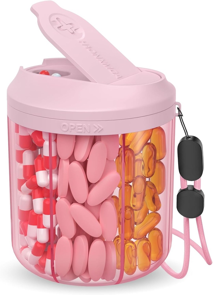 Pill Dispenser mit 7 großen Komponenten, 4.4" H x 3.6" Dia Pille Organizer für Reisen, Ergänzung Organizer mit Anti-Mixing Design, BPA-freie Pille Container mit 20 Stück Etiketten, Pink