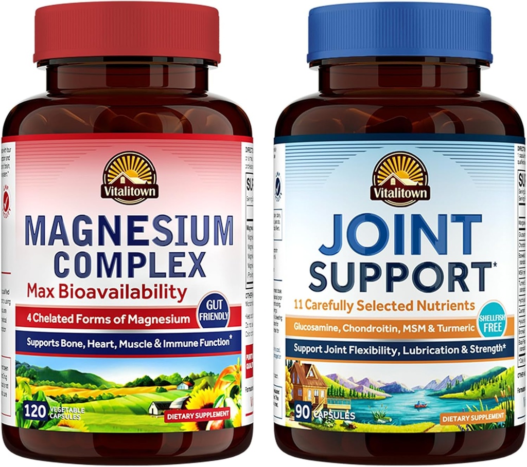 Vitalitown Magnesium + Glucosamin Chondroitin MSM Bundle (Pack von 2) | Magnesium Complex (Item 1) & Joint Support* (Item 2) | 120 Magnesium Kapseln & 90 Gelenkkapseln