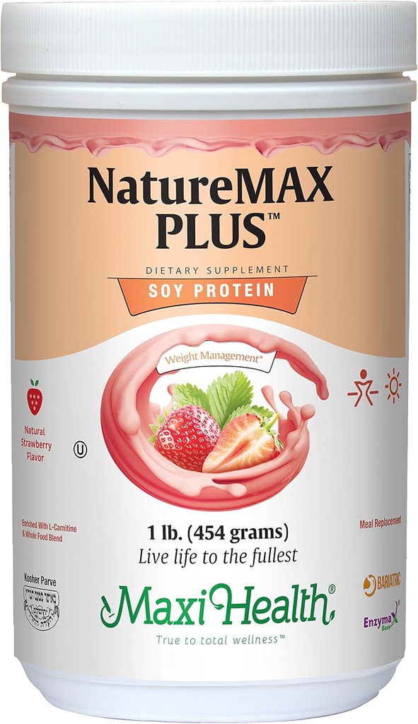 Maxi-Gesundheit NatureMAX PlusTM Energy Support Drink Soy Protein Powder - Sugar Free Diet Supplement - 20g Protein Pro Servieren - Natural Strawberry Flavor - Kosher Vitamin - 1lb