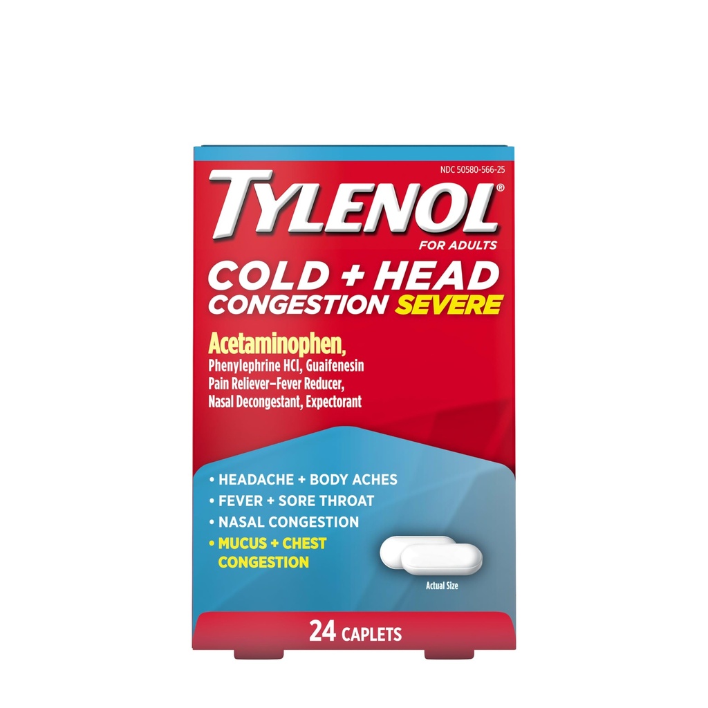 Tylenol Cold + Head Congestion Severe Medicine Caplets for Fever, Pain, and Congestion, Acetaminophen Pain Reliever, Fever Reducer, 24 Count