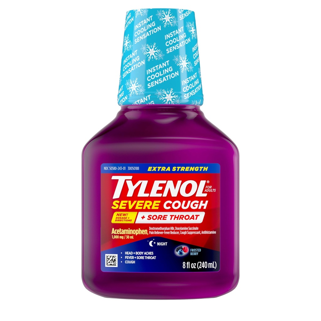 Tylenol Extra Strength Severe Cough + Sore Throat Nighttime Liquid Cold Medicine, Multi-Symptom Cold Relief, Acetaminophen Pain Reliever, Dextromethorphan HBr, Doxylamine Succinate, 8 Oz.