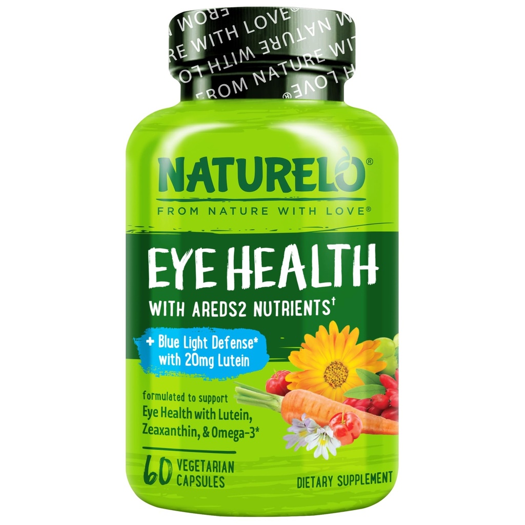 NATURELO Augenvitamine - AREDS 2 Formel Nährstoffe mit Lutein, Zeaxanthin, Vitamin C, E, Zink, Plus DHA - Ergänzung für trockene Augen, gesundes Sehen, Augenunterstützung - 60 vegane Kapseln