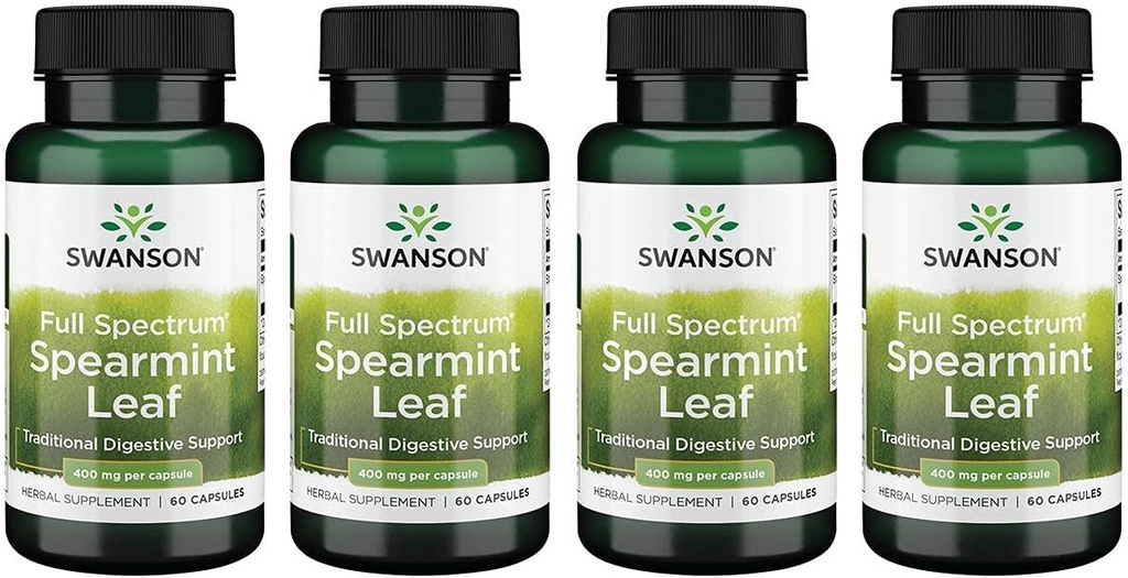 Swanson Spearmint Leaf (Mentha Spicata)-Supplément à base de plantes à spectre complet appuyant la santé digestive « & » Problèmes d'estomac léger - (60 capsules, 400 mg chacune) 4 Pack