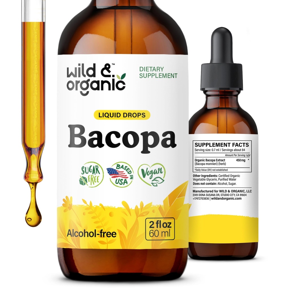Wild & Organic Bacopa Tincture - Unterstützt Kalk, Fokus, Klarheit - Bacopa Monnieri Supplement Liquid - Alkoholfreie Tropfen mit Brahmi Extract - Vegan, Sugar-Free - 2-Month Supply - 2 fl oz