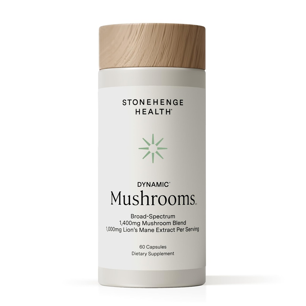 Stonehenge Health Dynamic Mushrooms 1,400 mg Per Serving, 5 Mushroom Complex (Lion’s Mane, Reishi, Chaga, Maitake, Shiitake) 100% Fruiting Bodies, No Mycelium – Brain, Memory & Immune Support 60 Caps