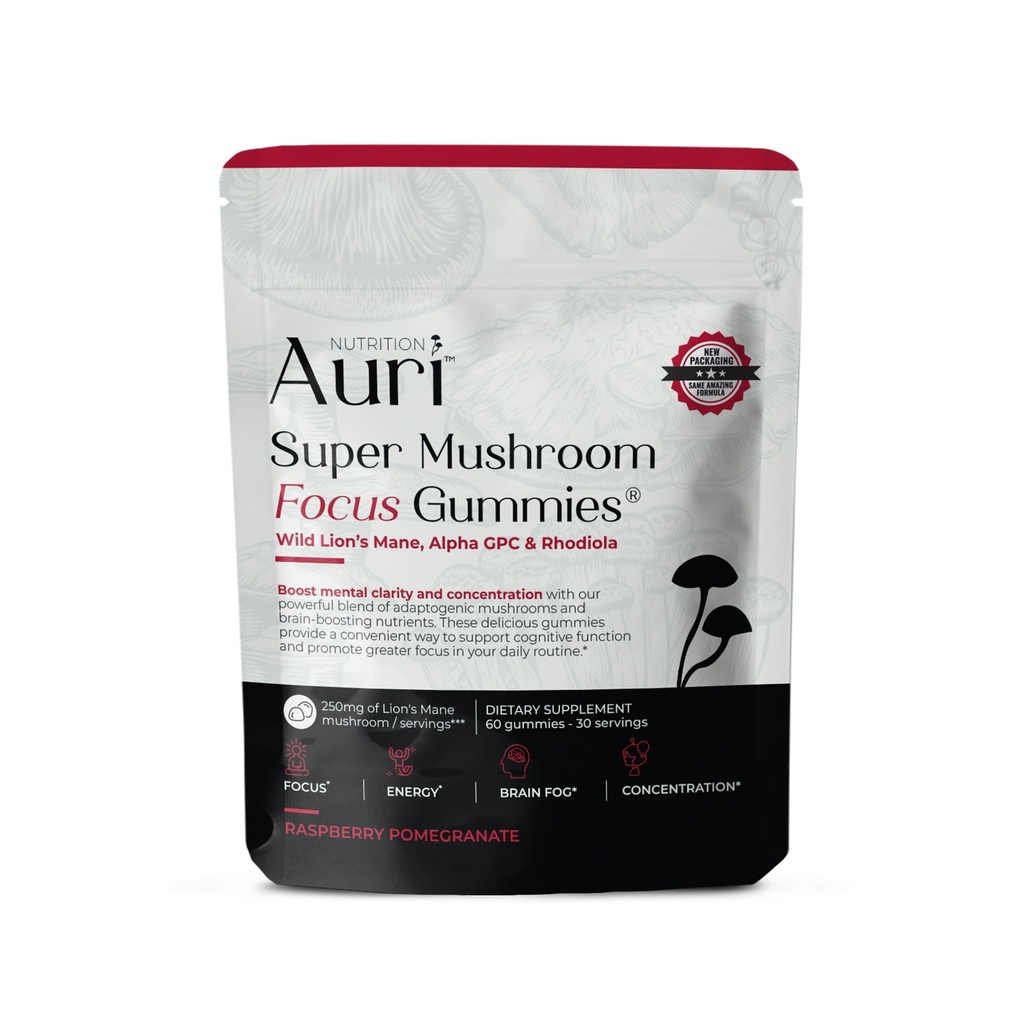 Auri Nutrition Super Mushroom Focus Gummies w/Lion's Mane, Alpha GPC & Rhodiola – Mushroom Supplement to Support Cognitive Function, Mental Clarity, Focus & Energy, 60 Gummies, Vegan Friendly, Non GMO