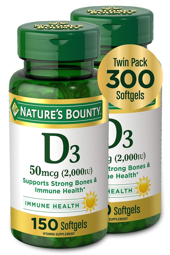 Natur Bounty Vitamin D3, unterstützt Immunsystem und Knochengesundheit, 50mcg, 150 Softgels (Paket von 2)