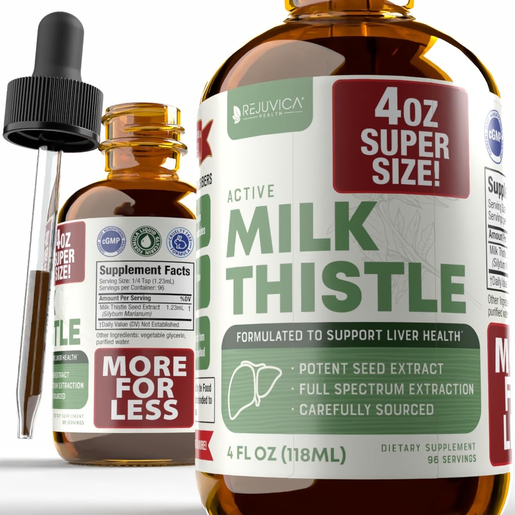 Rejuvica Santé Thistle de lait actif 4oz XL Super Taille - Avancé Thistle de graine de lait gouttes d'extrait liquide - Peut soutenir le foie - Sans sucre végétalien Teinture non OGM