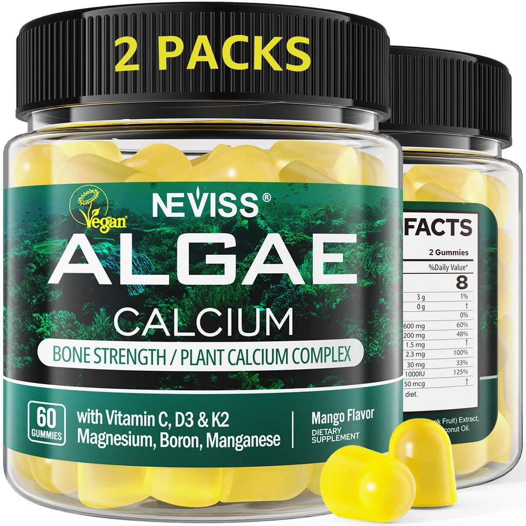 (2 Pack) Gommies de calcium pour les femmes, supplément de calcium sans sucre de l'algue durable (3ème partie testée) avec la vitamine D3 K2, C, Zinc, Boron, Manganèse pour la force osseuse, Absoption de calcium, végétalien