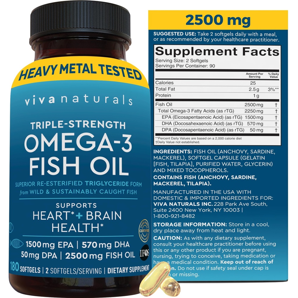 Dreifaches Omega-3-Fischöl-Supplement für Männer und Frauen - 2500 mg hochpotente, leicht absorbierbare Re-esterifizierte Triglyceridform, Pescatarian-freundliches DPA EPA DHA Omega-3-Supplement, 180 Softgels