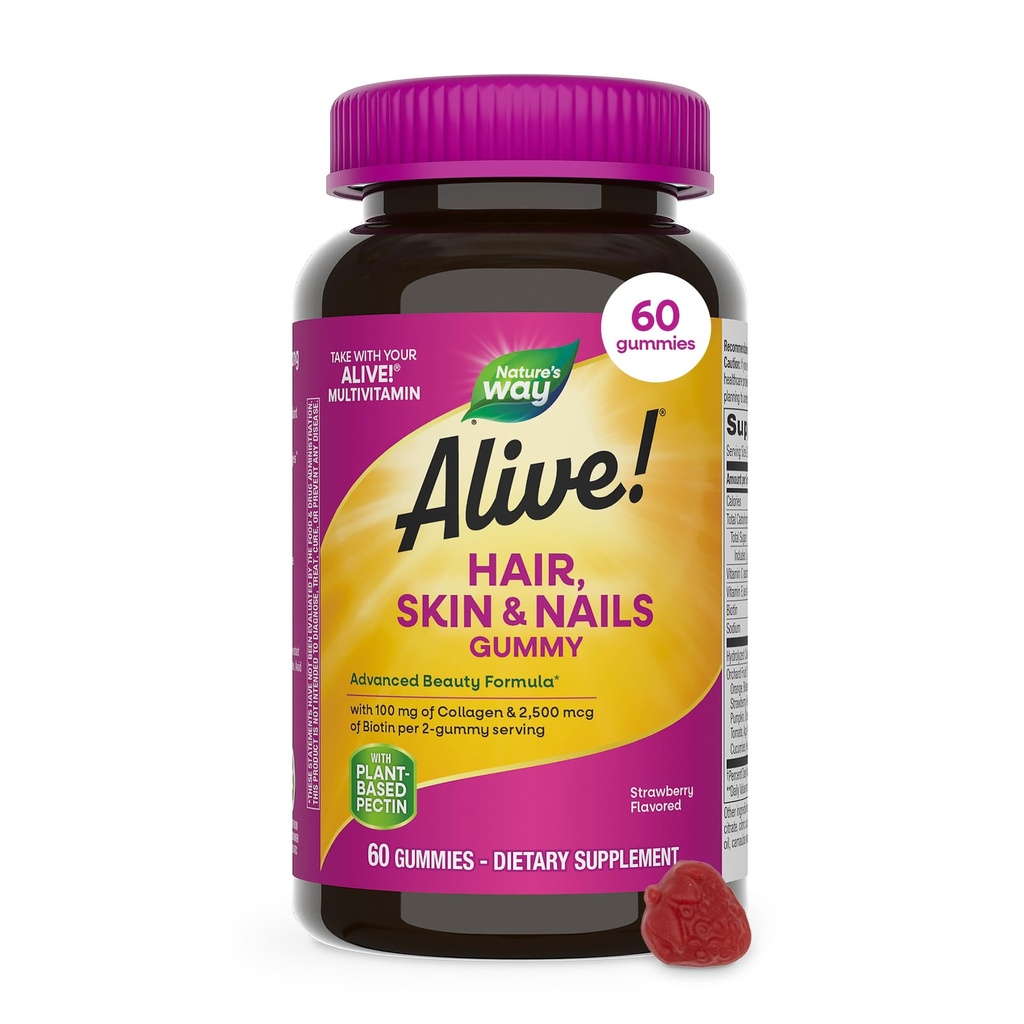 Der Weg der Natur lebt! Haar, Haut & Nägel Gummis mit Kollagen und Biotin, Advanced Beauty Formula Supplement mit antioxidativen Vitaminen C & E *, Erdbeer aromatisiert, 60 Gummis
