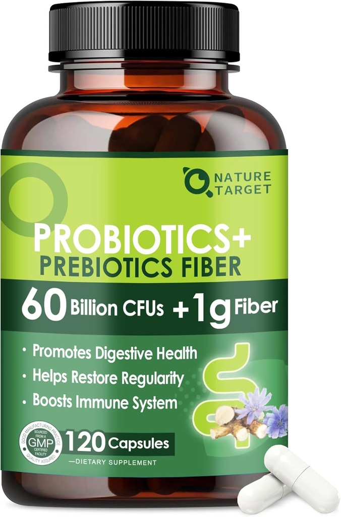Probiotics for Women & Men Digestive Health with Prebiotic Fiber - Fiber Supplement mit 60 Billion Probiotic for Regularity & Gut Cleanse - Unterstützt okziale Verstopfung - 120 Veggie Kapseln