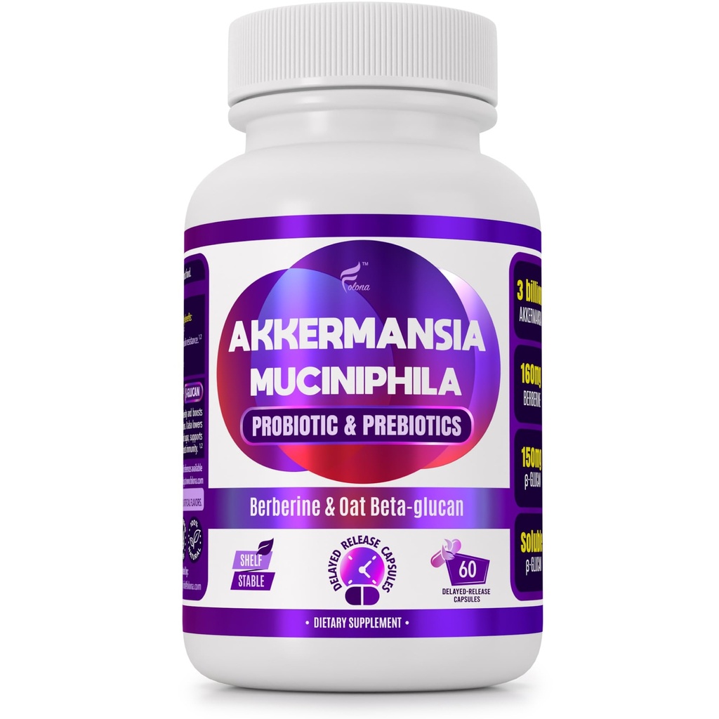 FOLONA Delayed Release Akkermansia GLP-1 Probiotic with Berberine and Soluble Beta-Glucan Prebiotic Fiber; 3 Billion AFU, 60 Capsules (2 Months Supply) for Gut Health Support