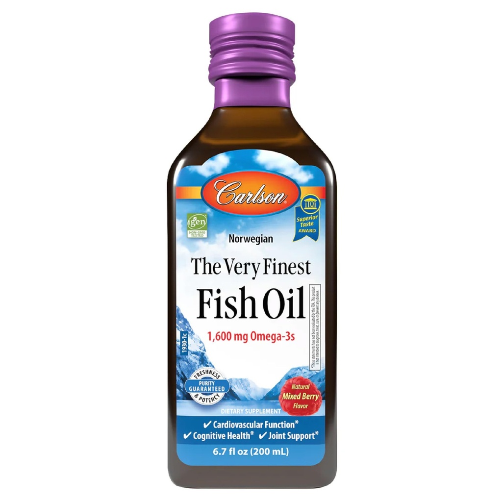Carlson The Very Finest Fish Oil, 1600 mg Omega-3s, Mixed Berry Flavor, 200 mL – Liquid Norwegian Fish Oil, Wild-Caught & Sustainable Sourced