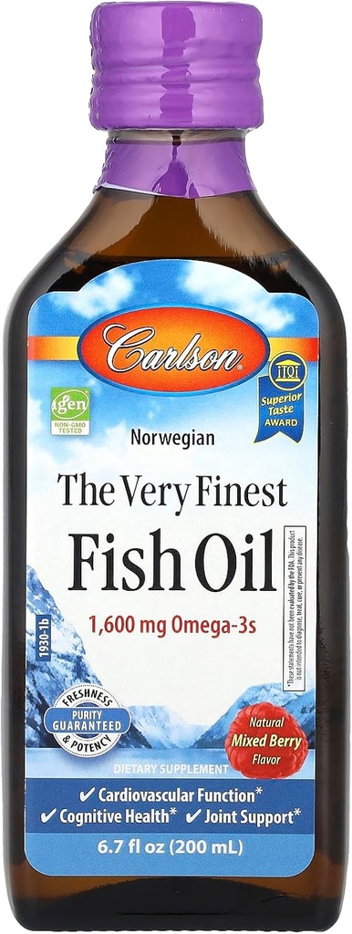 Carlson The Very Finest Fish Oil, 1600 mg Omega-3s, Mixed Berry Flavor, 200 mL – Liquid Norwegian Fish Oil, Wild-Caught & Sustainable Sourced