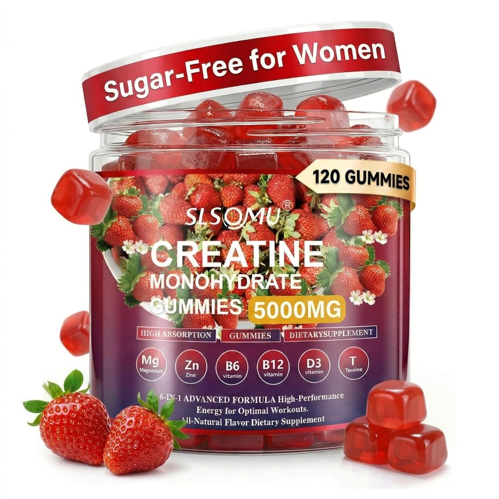 Creatine Gummies für Frauen, 5000mg Pre-Workout Muskelkraft & Energie Unterstützung, 0 Zucker Creatine Gummy mit L-Taurine, Zink, B12 B6, Erdbeeren Geschmack, Vegan - 120 Gummies