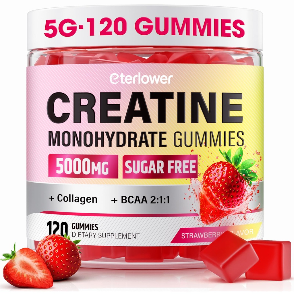 Gommies monohydratées créatine, 5g Gommies créatine pour les femmes et les hommes.Pré-entraînement et soutien de la croissance musculaire, contient BCAA, collagène, sans sucre, 120 comte