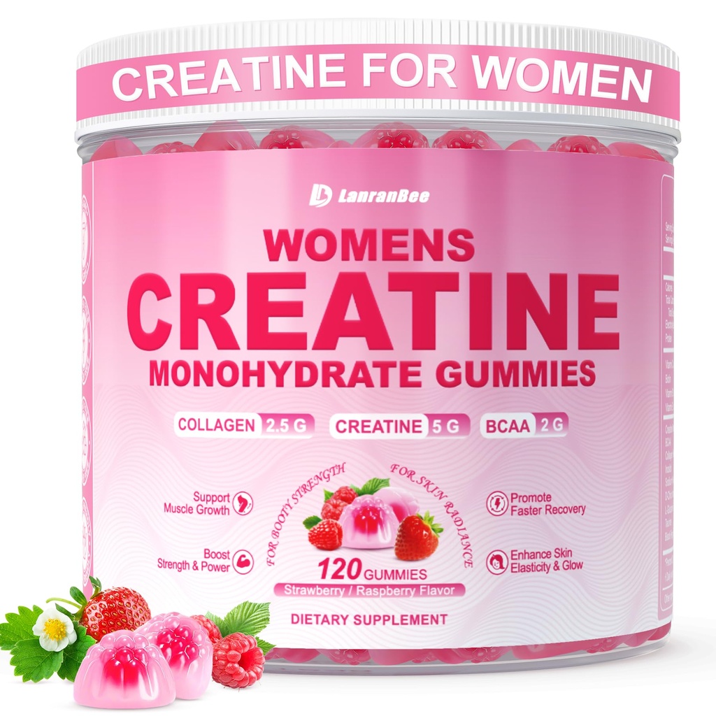 Kreatin für Frauen, Kreatin-Monohydrat-Gummien mit Collagen, BCAA, L-Carnitin & Taurine, Erdbeer-Flamvor, Energie-Kreatin-Ergänzung für Muskelkraft, Energie-Boost, Zuckerfrei, 120 Zähler