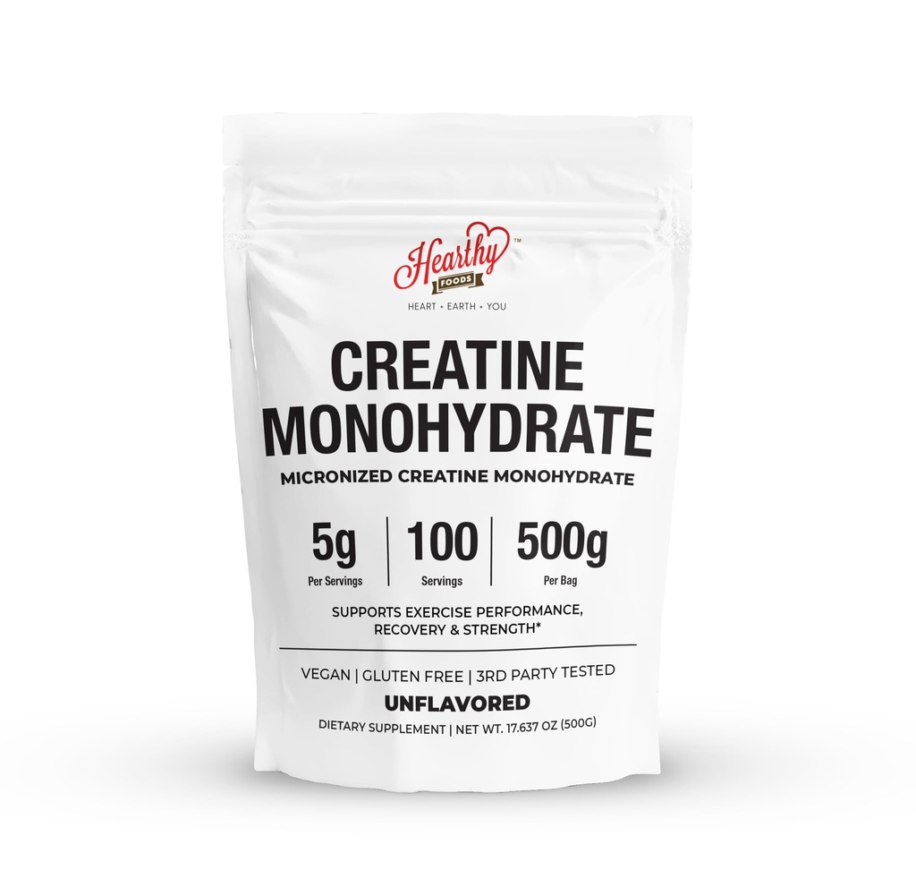 HEARTHY FOODS Kreatin Monohydrat Mikronisiertes Pulver 500G - 100 Servierungen, 5000mg pro Servierung (5g) - für Männer und Frauen Muskelwachstum & Erholung - UNFLAVORED