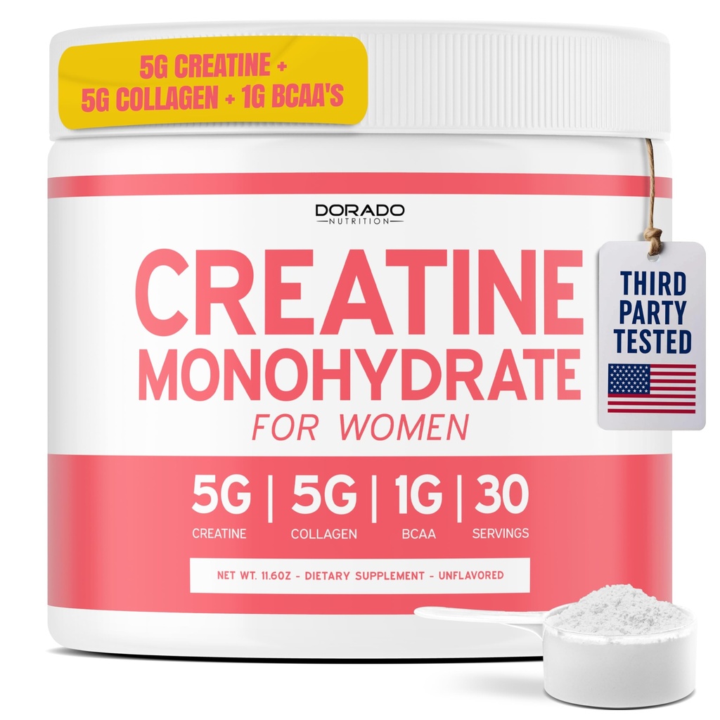 Créatine pour les femmes en poudre monohydratée de créatine 5G + 5000mg Collagène + 1000mg BCAA 2:1:1 Poudre (30 portions) Support Glutes, Muscles maigres, Récupération, Énergie et Stamine Non-OGM, Sans gluten - USA Made
