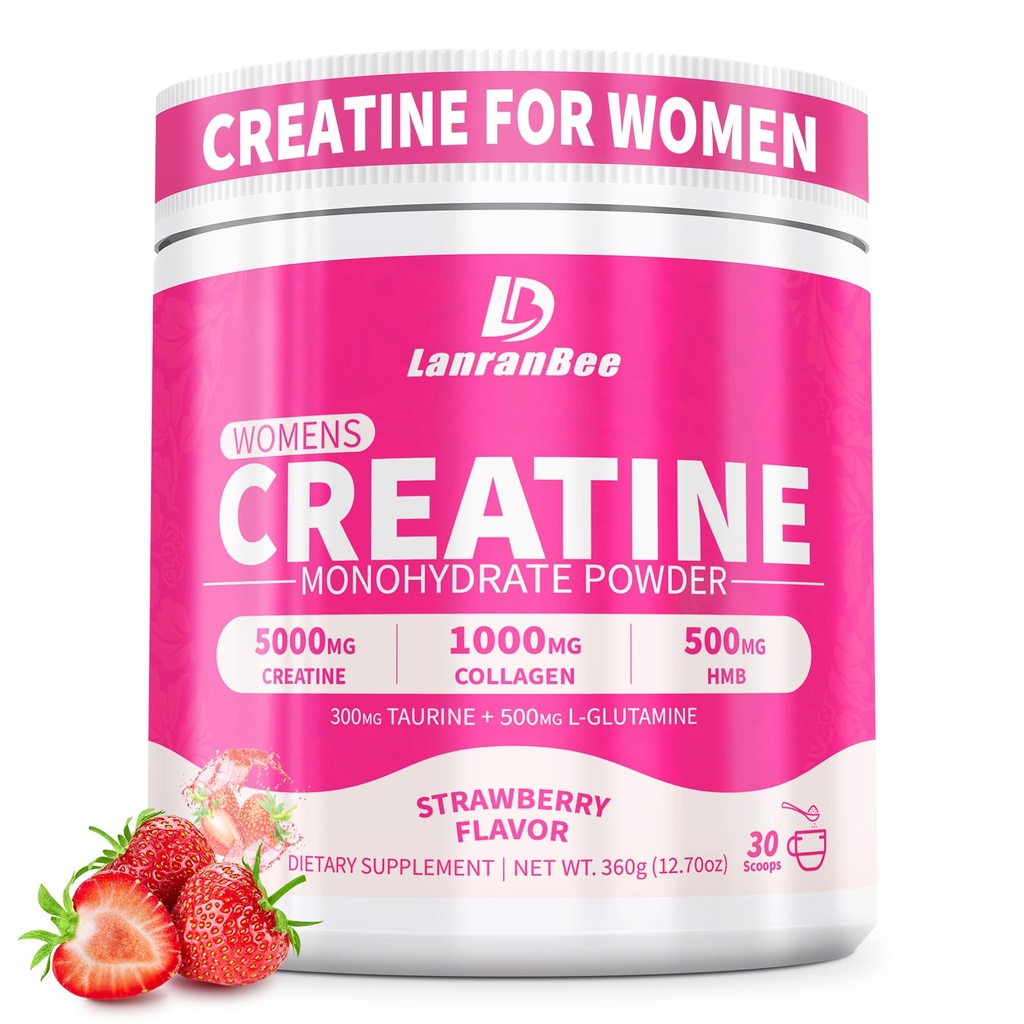 LanranBee Creatine HMB für Frauen 5g Mikronisierte Kreatin-Monohydrat-Pulver mit Collagen Pre Workout-Ergänzung für Muskelunterstützung Energie & Endurance Sugar Free, Strawberry Flavor 30 Servietten