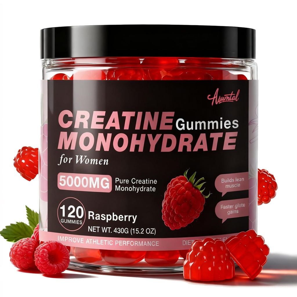 Créatine pour les femmes 5000 MG, Gommies de créatine, supplément monohydraté de créatine pour la croissance musculaire, la force et le soutien énergétique, Gommies de préentraînement sans sucre 120 Comte Raspberry Flavor