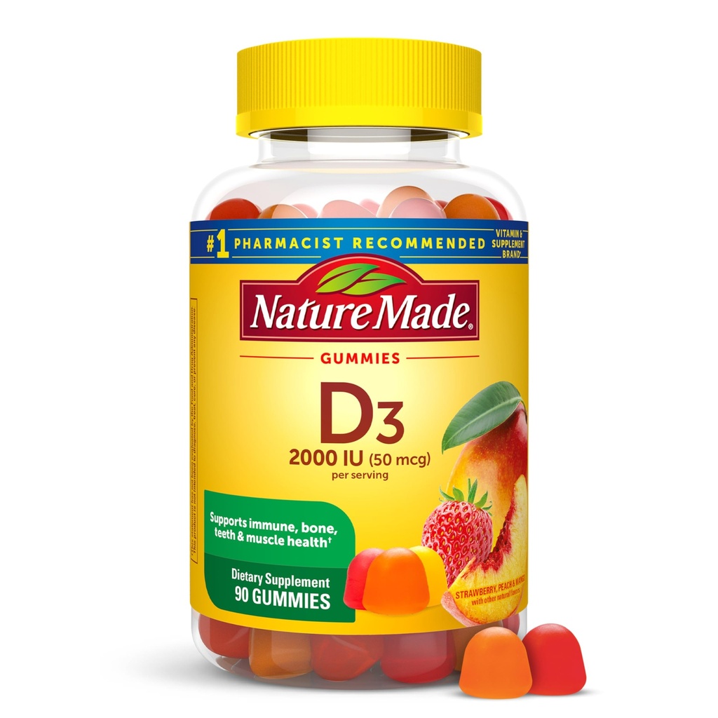 Natur Made Vitamin D3 2000 IU Pro Serviergummis, Knochen, Zähne, Muskel- und Immungesundheitsunterstützung, 45 Tage Versorgung, 90 Vitamin D Gummi für Erwachsene