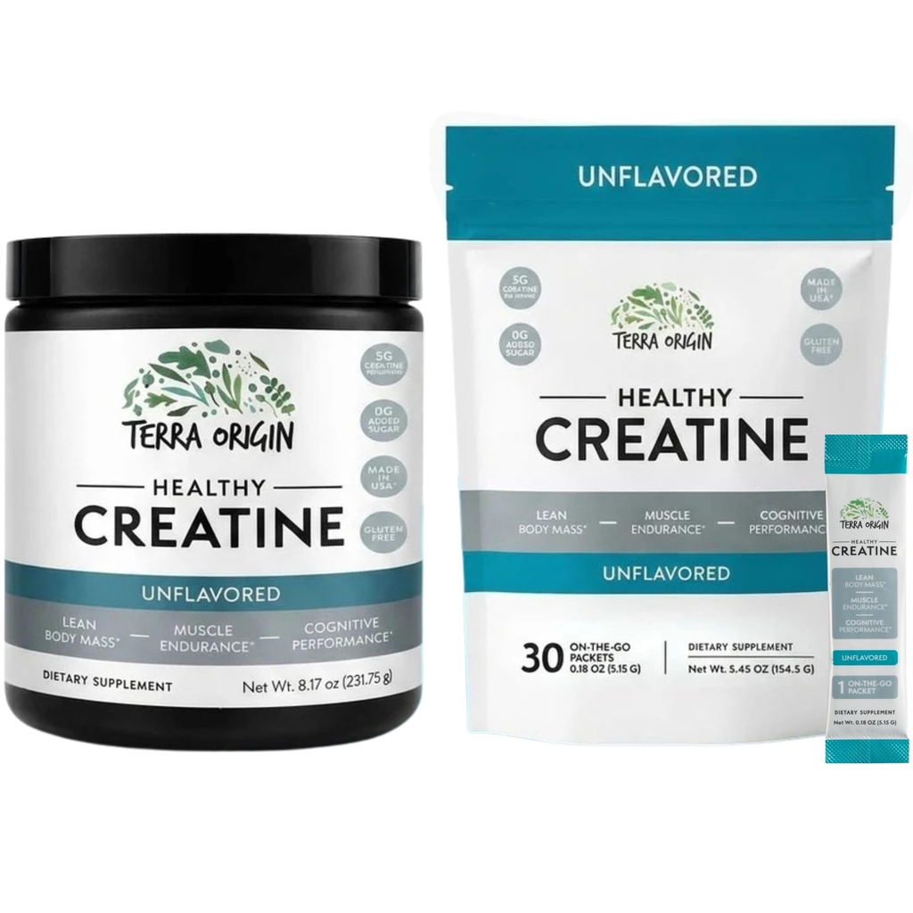 TERRA ORIGIN Kreatin Monohydrat Bundle | 75 Servierungen Stick Pack und Jar Combo | Mikronisierte Pulverergänzung | Unterstützung für Muskel und kognitive Leistung* | Unflavored, Glutenfrei, Zero Sugar