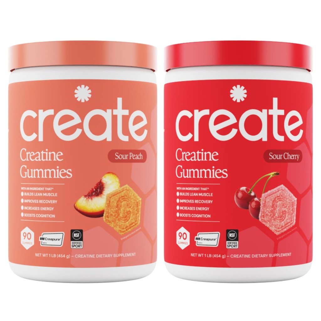 Kreatin Monohydrate Gummi - Peach Pump Duo - Sour Peach & Sour Cherry - Creatine Gummies für Frauen & Männer, NSF Zertifiziert, 3. Partei Getestet, Anti-Melting Formel, 180 Count (2-Pack)