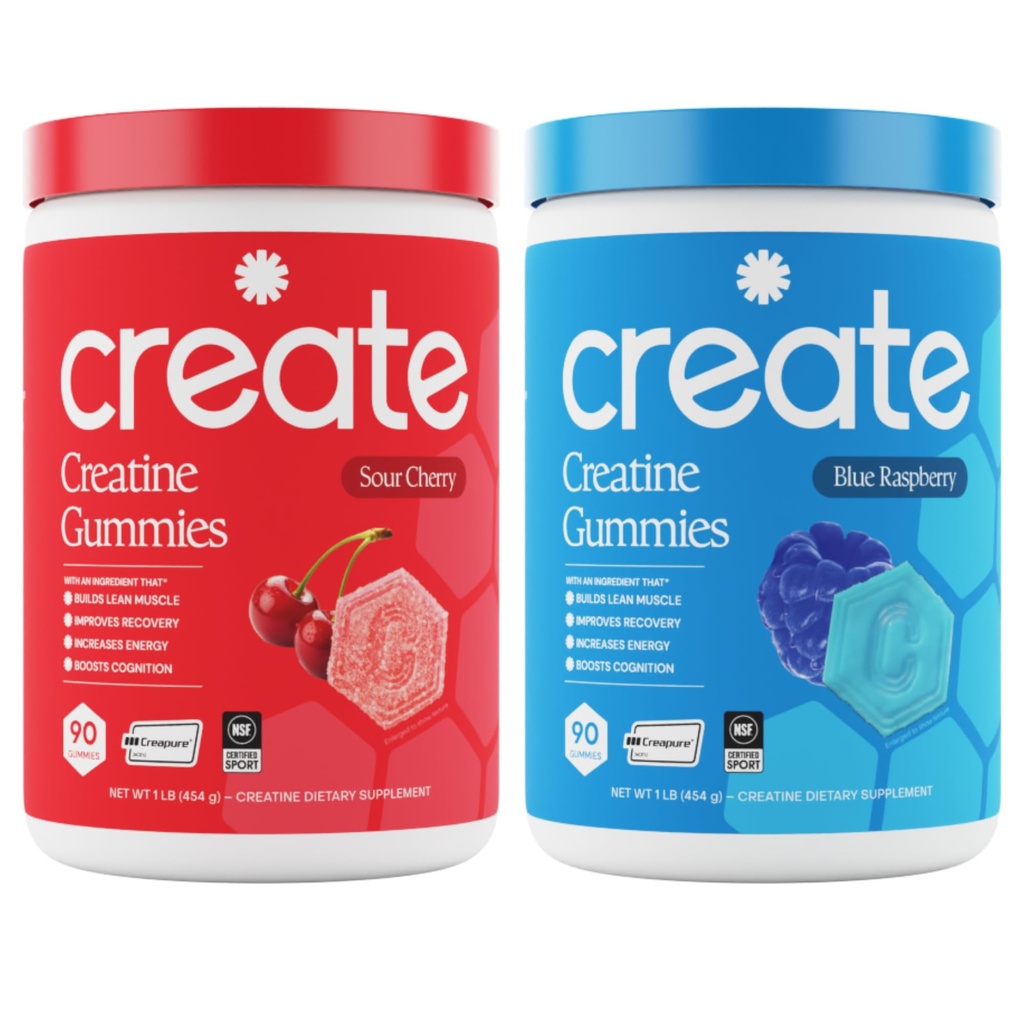 Creatine Monohydrate Gommies - Rocket Pop Duo - Blue Raspberry & Sour Cherry - Creatine Gommies pour les femmes et les hommes, NSF certifié, 3ème partie testée, Anti-Melting Formule, 180 Compte (2-Pack)