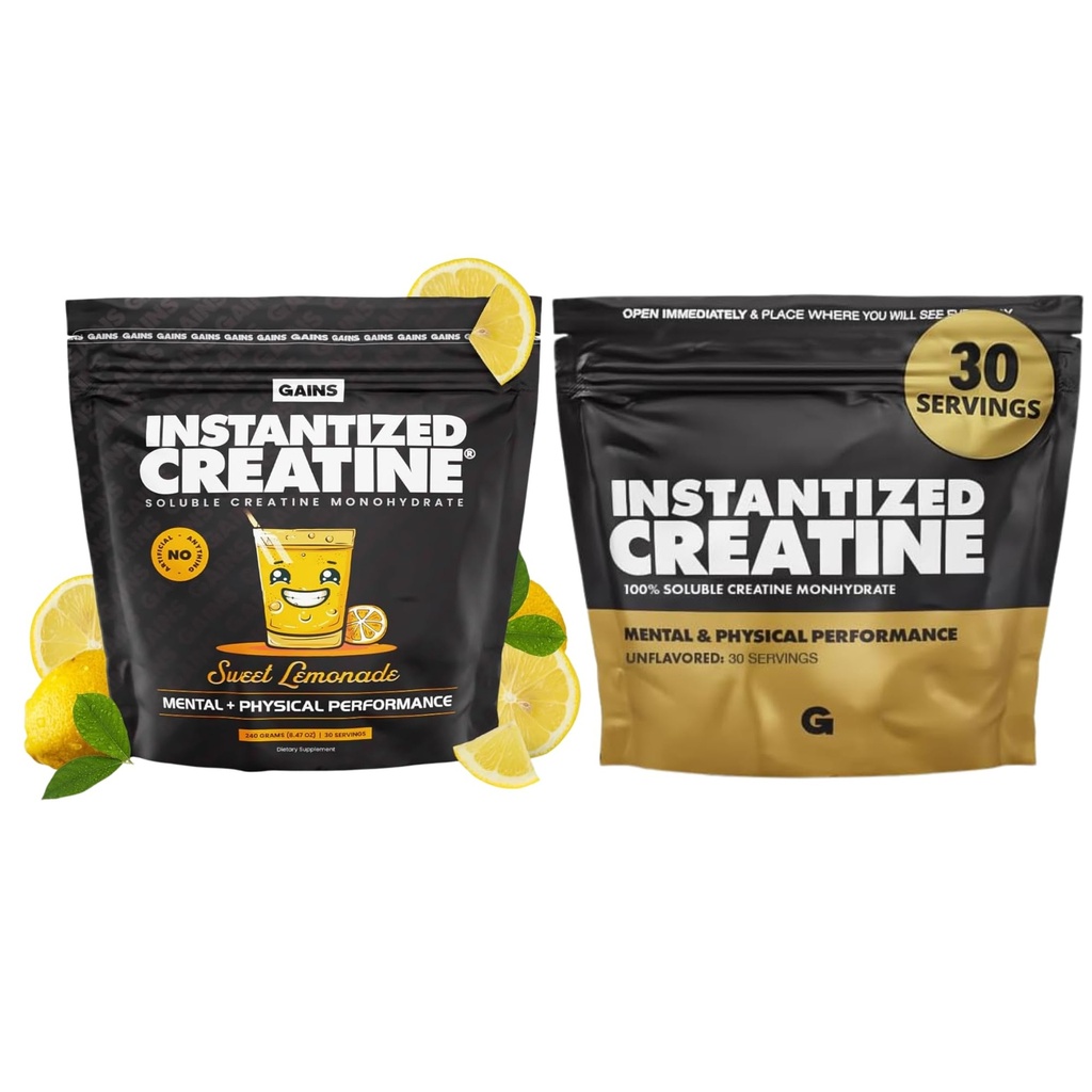 Gains dans le monohydrate de créatine instantané en vrac pour les femmes et les hommes, poudre de pré-entraînement soluble, soutient la construction musculaire, la force et la performance, non aromatisé et doux citronade, 60 portions