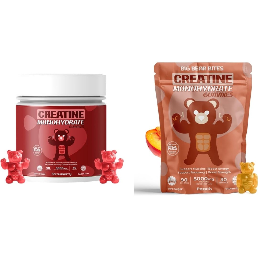 Kreatin Monohydrate Gummie Bundle – Erdbeere & Pfirsich | 5000mg Pro Servieren | Sugar-Free, Gluten-Free & Halal | 180 Gummies Gesamt (2 x 90 Count) | für Männer & Frauen